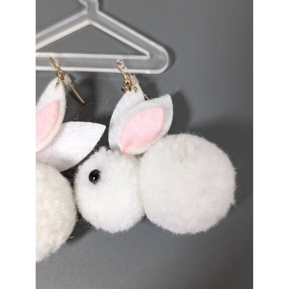 White Pom Pom Rabbit Dangle Earrings Easter Fuzzy - Picture 4 of 5